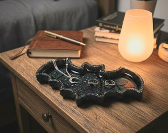 Dark Green and Black Bat Tray Jewelry Dish & Crystal Holder