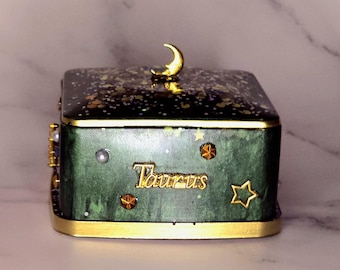 Handcrafted Taurus Celestial Keepsake Box – Emerald Green with Gold Accents