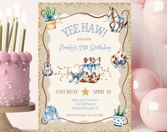 Invitación de cumpleaños de vaquera disco: cumpleaños de música country, fiesta vaquera coqueta, fiesta de Nashville, temática de botas y brillo, cumpleaños de rodeo para niña