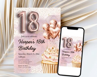Pink 18th Birthday Invite, Girls 18th Birthday Invitation, Rose Gold 18th Invite, 18th Birthday Party Printable (Digital Download)