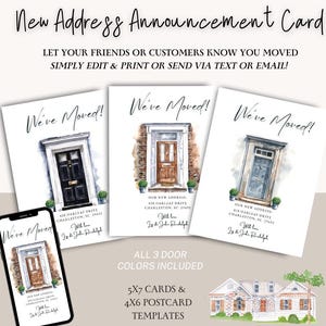 May include: New Address Announcement Card featuring three door designs. The cards say "We've Moved!" and include address details. The image also shows a phone displaying a card design and mentions 5x7 cards and 4x6 postcard templates.