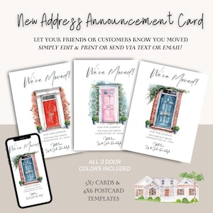 Könnte beinhalten: Vorlagen für Ankündigungskarten für neue Adressen. Das Design umfasst drei Karten mit Aquarellillustrationen von Türen in Rot, Rosa und Blau. Ein Smartphone zeigt das blaue Türdesign. Text enthält "We've Moved!" und Adressdetails.