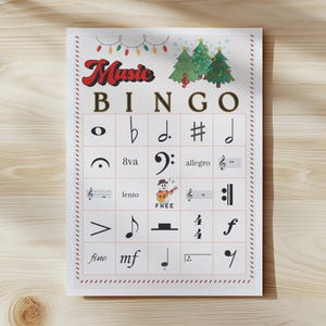 音楽ホリデービンゴゲーム - 楽しいクラスクリスマスパーティーゲーム音楽教師レッスンピアノ生徒バンドコーラスクラス学校印刷可能ダウンロード