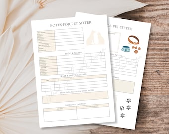 Instrukcje dotyczące opieki nad psem do wydrukowania: edytowalny szablon notatek opiekuna, lista kontrolna opieki nad szczeniakiem, karta informacyjna o nagłych wypadkach weterynaryjnych, plan opieki nad kotem