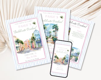 May include: Bachelorette weekend invitations and a smartphone displaying the same design. The invitations feature a watercolor illustration of a street scene with palm trees and buildings, framed by pink and blue stripes. Text includes "Paige's Bachelorette Weekend" and event details.