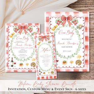 May include: Italian-themed baby shower bundle with invitation, menu, and event sign. The design features a red and white checkered pattern, a bow, and illustrations of Italian food. The text includes "Ciao Baby" and event details.
