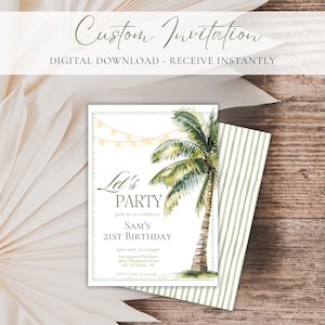 Può includere: Un invito digitale a tema tropicale. L'invito presenta un'illustrazione ad acquerello di una palma, luci a stringa e il testo "Let's PARTY" e "SAM'S 21ST BIRTHDAY". Lo sfondo è bianco con un motivo a righe.