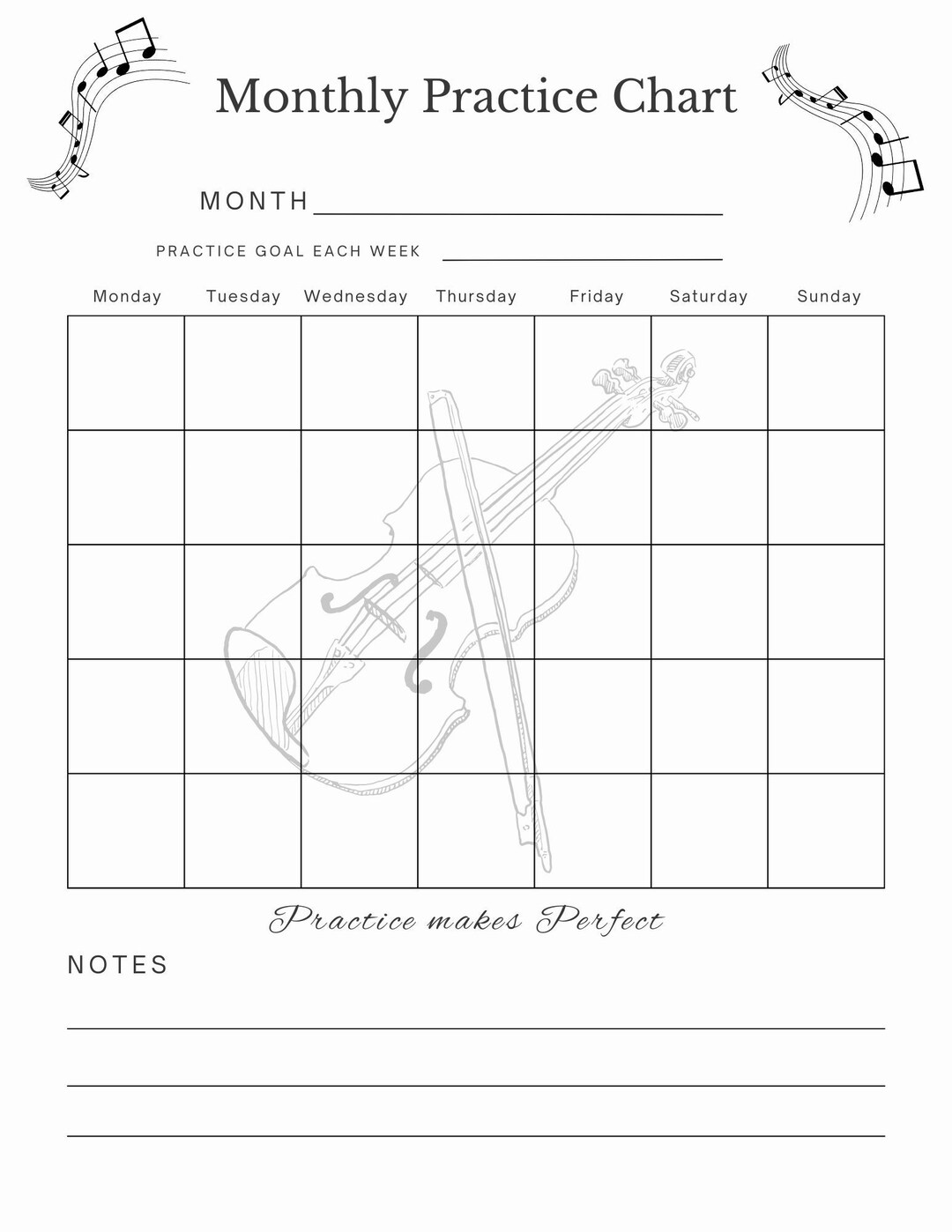Printable Monthly Music Lesson Violin Practice Chart Etsy