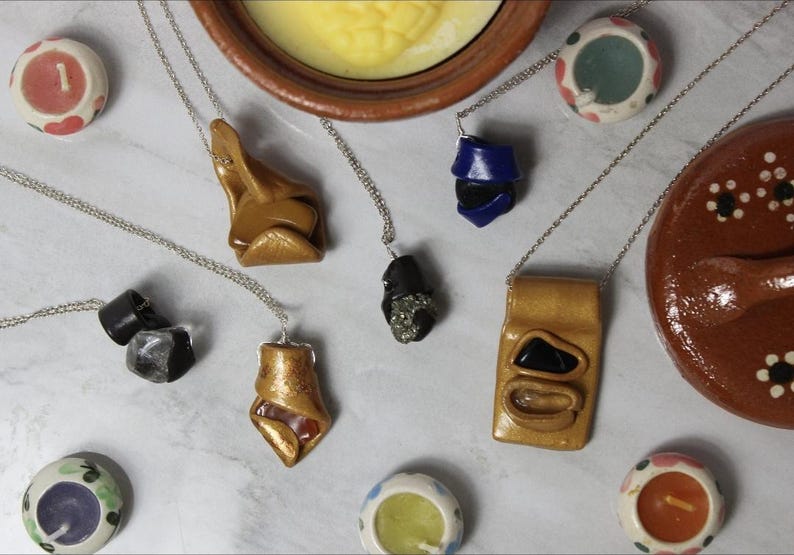 Handmade clay and crystal pendants by Old Soul Gem