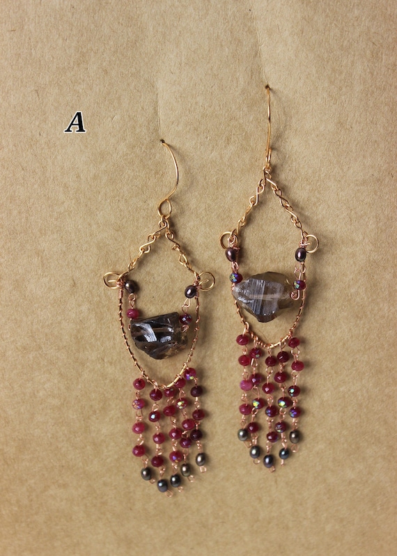 Handmade Crystal Dangling Earrings | Rose Quartz, Smoky Quartz & Obsidian | Sterling Silver Chain Earrings