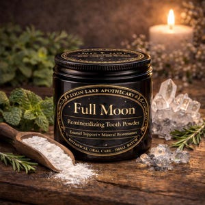 May include: A black jar of "Full Moon Remineralizing Tooth Powder" with gold lettering and accents. A wooden scoop holds white powder, with crystals and a lit candle in the background. The jar reads "Loon Lake Apothecary".