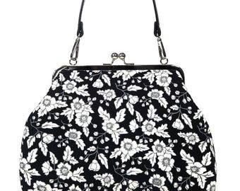 Victorian Floral Black and White Kisslock Purse, Vintage Style Shoulder Bag