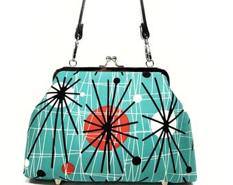 Atomic Starburst Turquoise Kisslock Purse, Vintage Style Shoulder Bag