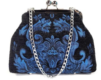 Viktorianische Gothic-Romantik-Clutch mit Kussverschluss, königsblaue Samt-Damast-Abendtasche