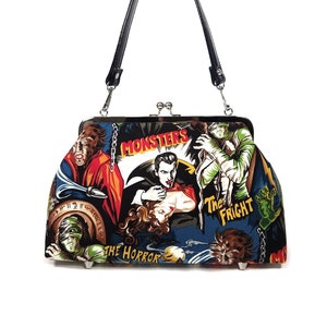 Monsters Purse, Horror Kisslock Handbag, Dracula Frankenstein Wolfman Mummy, Crossbody Bag, Novelty Purse, Gift for Women