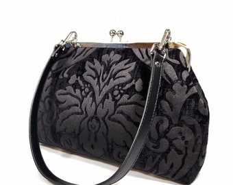 Gothic Brocade Shoulder Bag, Chenille Damask Kisslock, Goth Purse, Crossbody Bag, Novelty Purse