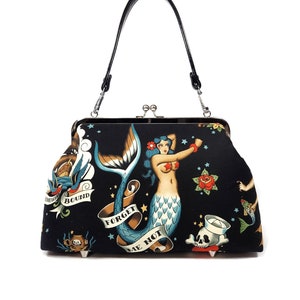 Rockabilly Mermaid Tattoo Kisslock Purse, Vintage Style Crossbody Bag