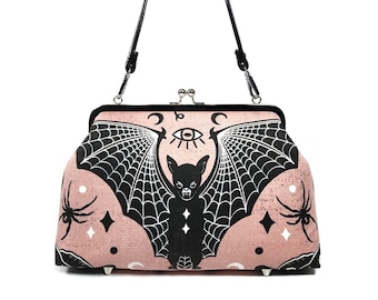 Goth Purse, Pink Bat & Spider Kisslock, Gothic Shoulder Bag, Crossbody Bag, Novelty Purse