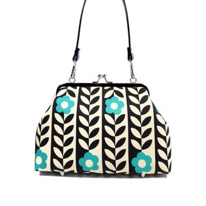 Mod Turquoise Floral Kisslock Purse, Vintage Style Crossbody Bag