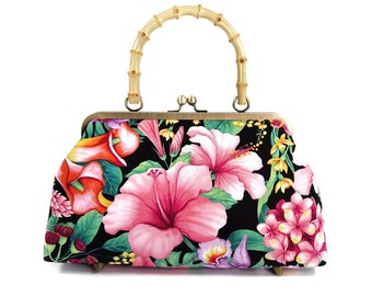 Tropical Pink Hibiscus Kisslock Purse with Bamboo Handles, Vintage Hawaiian Style Bag, Summer Floral Purse