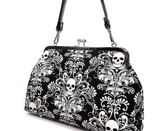 Gothic Damask Purse, Glow in the Dark Kisslock, Goth Shoulder Bag, Crossbody Bag, Novelty Purse