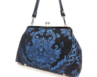 Gothic Purse, Blue Baroque Damask Chenille Kisslock, Goth Shoulder Bag, Crossbody Bag, Novelty Purse, Unique Purse