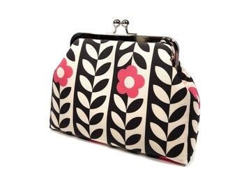 Mod Floral Kisslock Clutch, Pink and Black Retro Evening Bag, Novelty Purse, Gift for Women