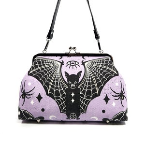 Goth Purse, Bat & Spider Purple Kisslock Purse, Shoulder Bag, Retro Gothic Crossbody Bag, Novelty Purse
