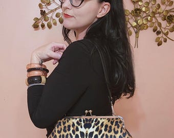 Luxurious Velvet Leopard Print Kisslock Purse, Vintage Pinup Style Crossbody Bag