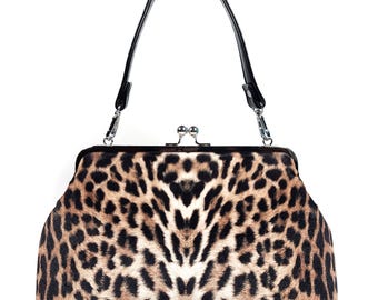 Shimmering Velvet Leopard Print Kisslock Shoulder Bag, Vintage Style Luxury Bag