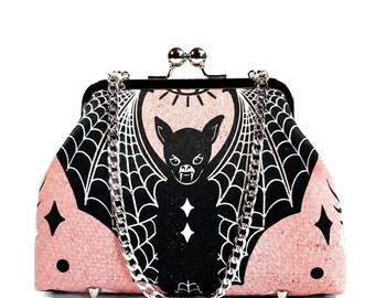 Gothic Coquette Pink Bat Kisslock Clutch Purse, Evening Bag