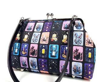 Mystical Tarot Large Kisslock Purse Featuring Black Cats and Celestial Candles