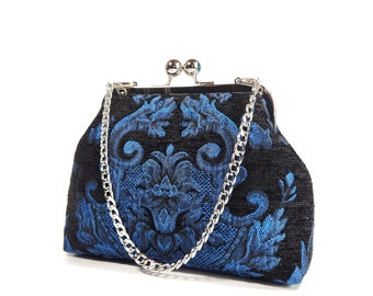 Gothic Baroque Kisslock Clutch Purse, Blue Chenille Evening Bag, Cute Goth Novelty Purse, Gift for Women