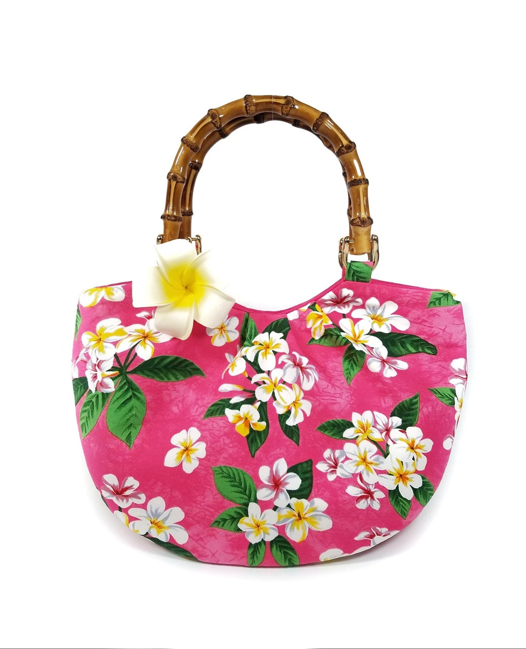 Tropical Purse, Pink Floral Plumeria With Bamboo Handles & Flower Pin