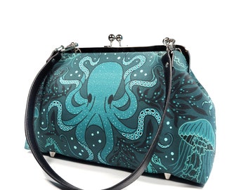 Octopus Shoulder Bag, Damask Vintage Look Kisslock Purse, Retro Crossbody Bag, Novelty Purse