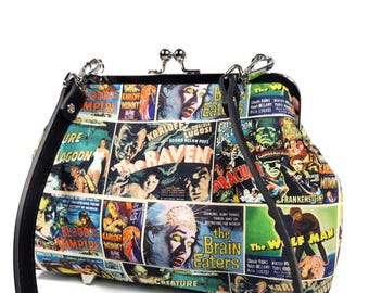 Vintage Horror Cinema Medium Kisslock Purse Featuring Classic Movie Monsters
