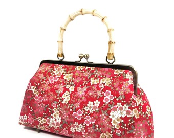 Japanese Cherry Blossom Kisslock Purse with Bamboo Handles, Red Vintage Style Bag, Spring Floral Purse