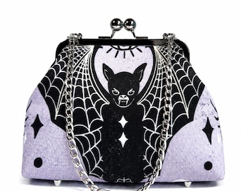 Gothic Coquette Purple Bat Kisslock Clutch Purse, Pastel Goth Evening Bag