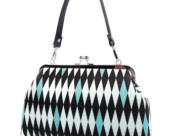 Atomic Glamour Midcentury Harlequin Large Kisslock Purse, Vintage Style Turquoise Crossbody Bag