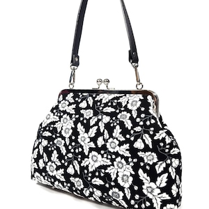Bonito bolso con cierre de botones y diseño floral en blanco y negro, estilo vintage, bandolera, monedero novedoso, regalo para mujer