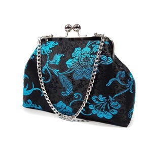 Luxury Victorian Floral Kisslock Evening Bag, Teal Brocade Jacquard Clutch Purse, Cute Novelty Purse, Gift for Women