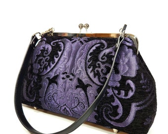 Gothic Shoulder Bag, Baroque Damask Chenille Kisslock Purse, Crossbody Bag, Novelty Purse, Unique Purse