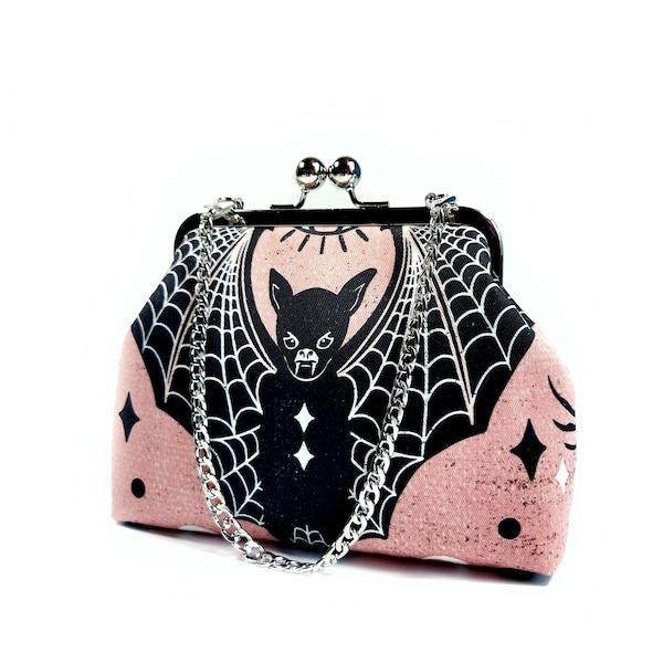 Gothic Pink Bat Clutch Bag, Retro Kisslock Purse, Goth Evening Bag, Novelty Purse, Gift for Women