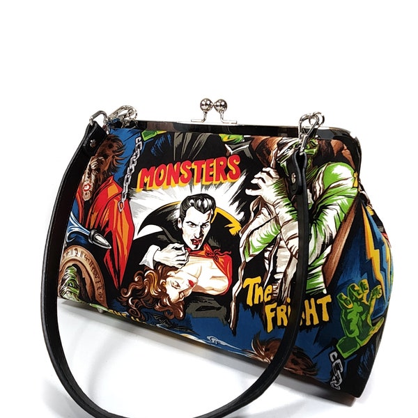 Monsters Purse, Horror Kisslock Shoulder Bag, Dracula Frankenstein Wolfman Mummy, Crossbody Bag, Novelty Purse