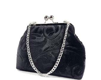 Embossed Velvet Kisslock Clutch Purse, Luxurious Evening Bag with Chain, Cute Goth Novelty Purse, Gift for Women