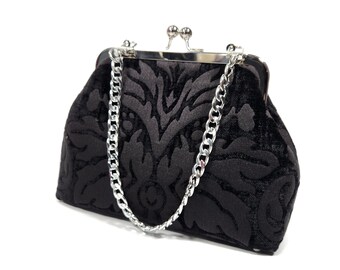 Gothic Brocade Kisslock Clutch Purse, Chenille Evening Bag with Chain, Cute Goth Novelty Purse, Gift for Women