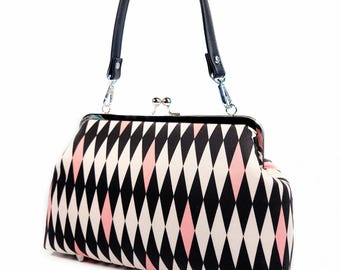 Atomic Glamour Midcentury Harlequin Large Kisslock Purse, Vintage Style Pink Crossbody Bag