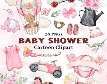 Watercolor Baby Shower Clipart, Pink Bliss, 38 PNG (Digital Download)
