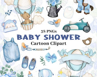 Watercolor Baby Shower Clipart, Blue Neutral Nursery Designs (38 PNG)