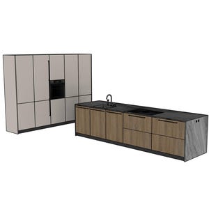 Può includere: Mobile da cucina moderno con finitura in legno chiaro e piani di lavoro scuri. Il design comprende un'ampia unità armadio con forno e un'isola separata con lavello e piano cottura. La combinazione di colori è neutra con un'estetica minimalista.